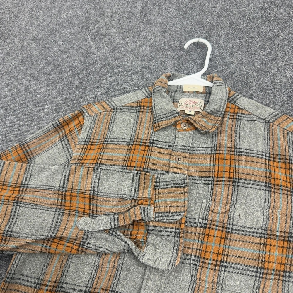 J Crew Shirt Mens M Orange Grey Cotton Plaid Mid-Weight Flannel Classic Casual